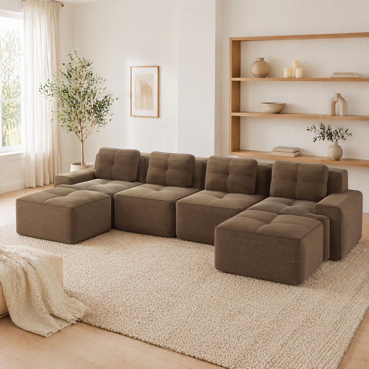 WOHNLANDSCHAFT 382/177/69 cm in Braun aus Cord, modular und montagefrei - Braun, Textil (177/69/382cm) - Flora Grace