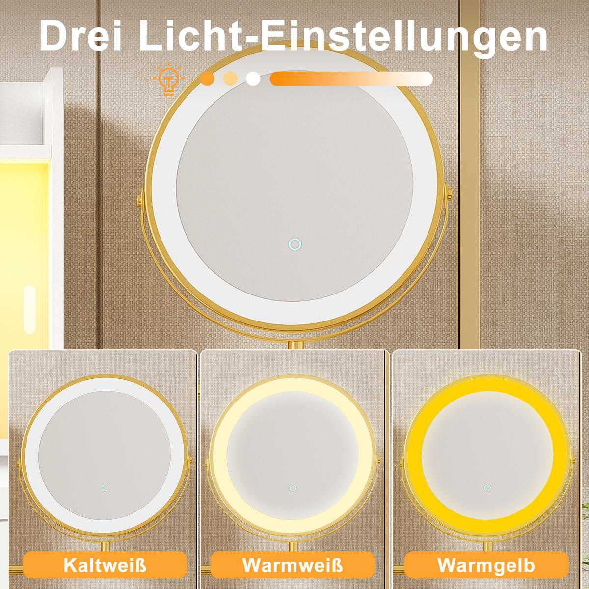 SCHMINKTISCH in Weiß Frisiertisch mit LED-Spiegel und 4 Schubladen für Schlafzimmer, B112/T40/H116cm - Transparent/Goldfarben, Holzwerkstoff/Metall (112/116/34.5cm) - STILVORA