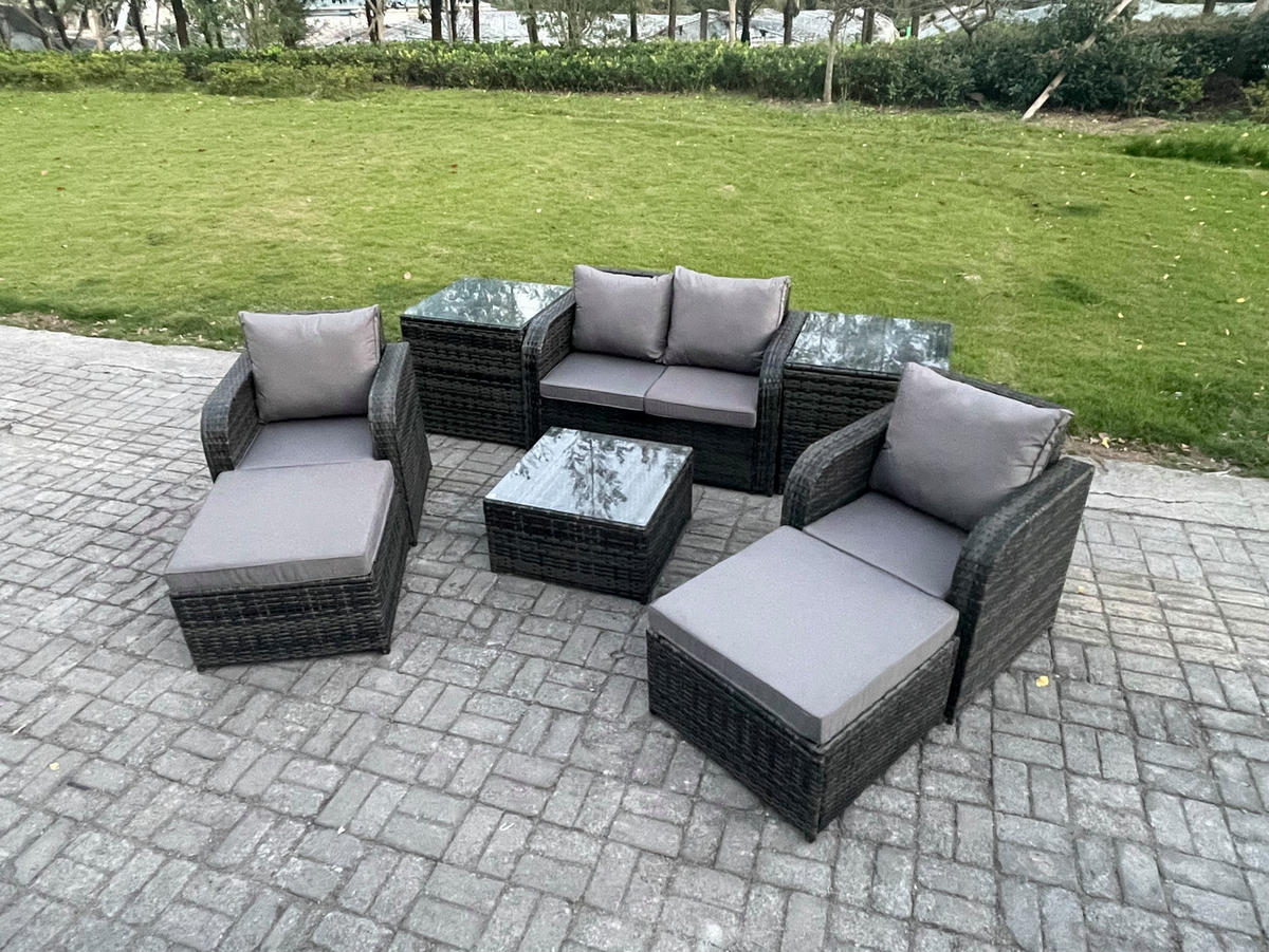 LOUNGESOFA-SET Polyrattan Dunkelgrau 6-Sitzer - Dunkelgrau, Metall - Fimous