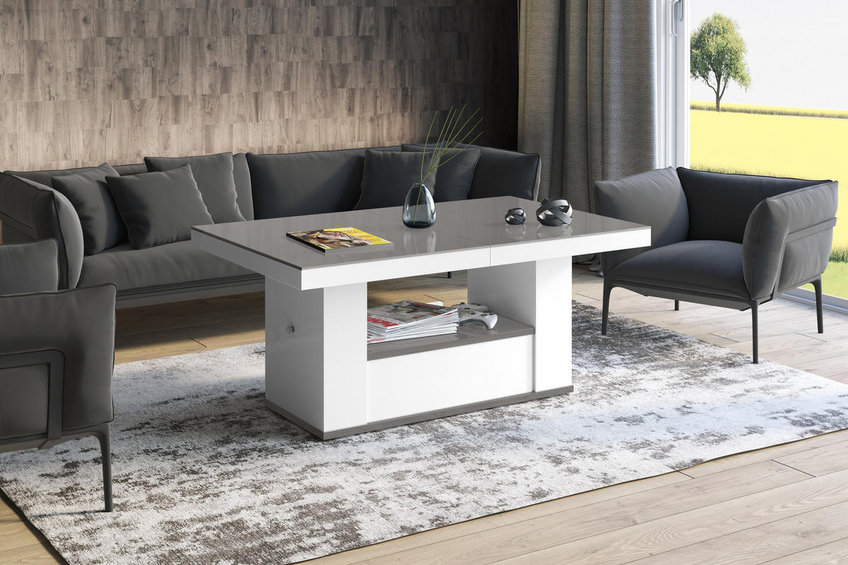 COUCHTISCH rechteckig Grau Hochglanz - Weiß Hochglanz 120/75/54 cm - Weiß Hochglanz/Grau, Holzwerkstoff (75/120/54cm) - designimpex
