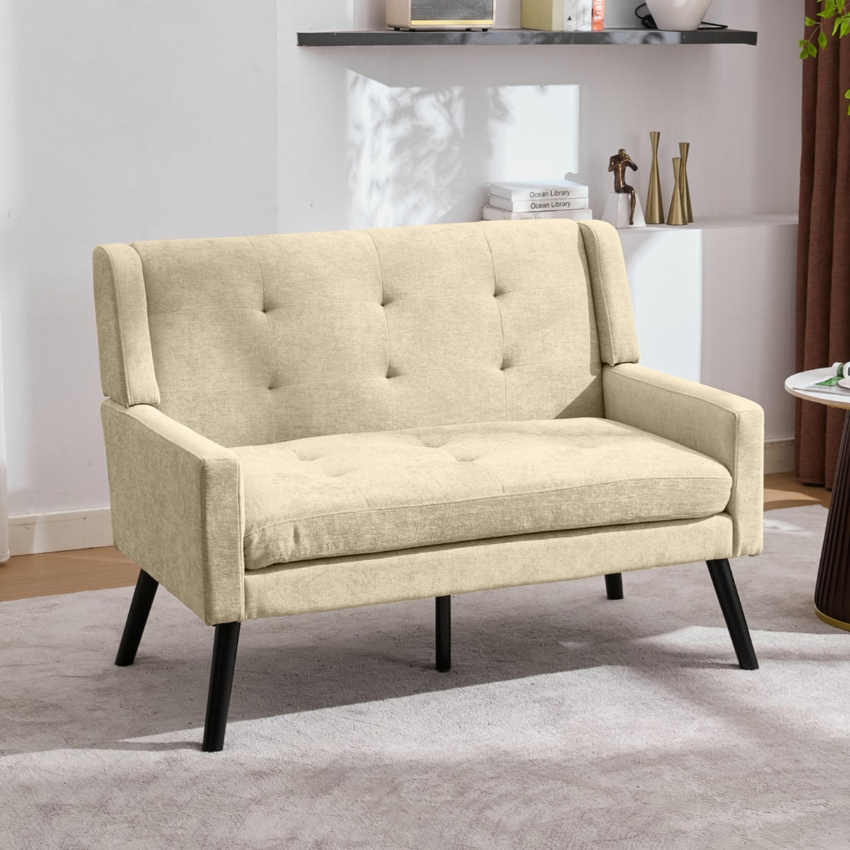 SITZBANK 2-Sitzer Leinenbezug mit Knopfheftung, Massivholzbeinen 119/75/88 cm Beige - Beige, Textil (75/88/119cm) - Redom