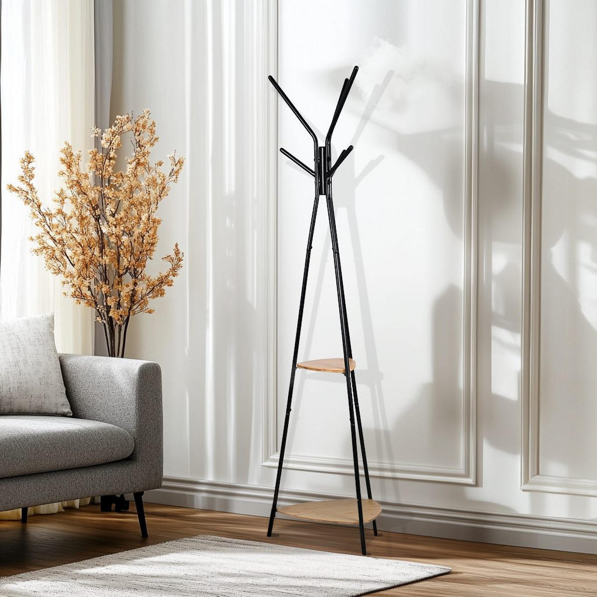 KLEIDERSTÄNDER Bambusoptik Metall Dunkelbraun Schwarz mit Ablagen 179×49 cm - Schwarz/Naturfarben, Holzwerkstoff/Metall (49/179/49cm) - Begryf