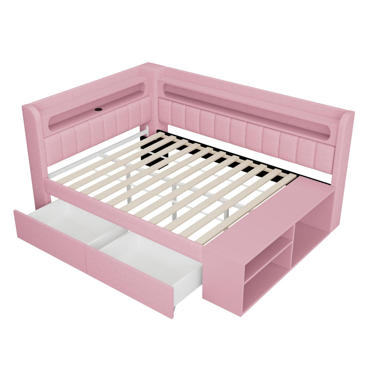 GEPOLSTERTES Schlafsofa 90/200 cm mit LED-Beleuchtung, USB-Anschluss, 2 Schubladen und Schuhschrank, Rosa - Weiß, Holzwerkstoff (104/91.5/212.5cm) - Redom