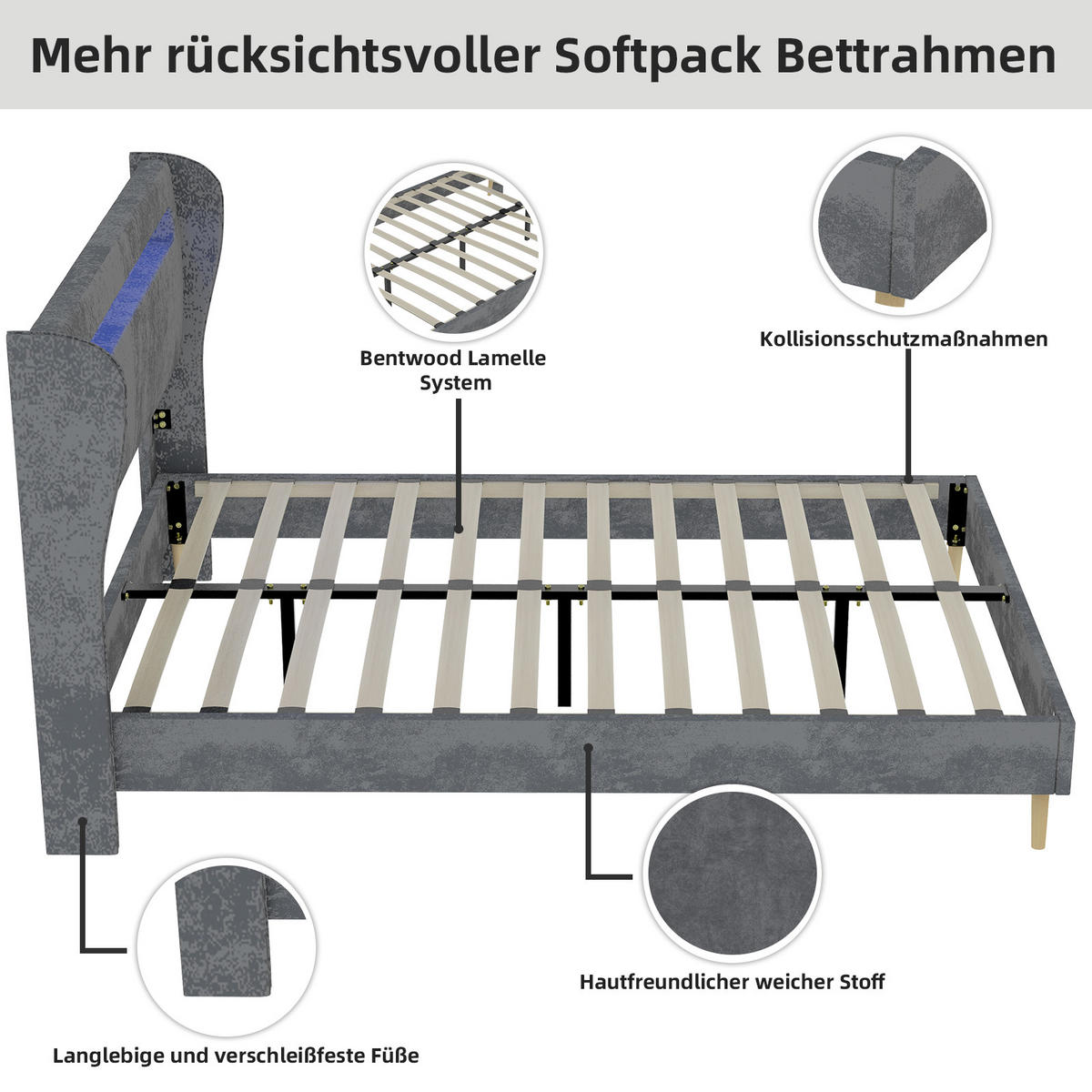 POLSTERBETT 160x200 cm LED Kopfteil grau - Grau, Textil (160/200cm) - LEBENLANG