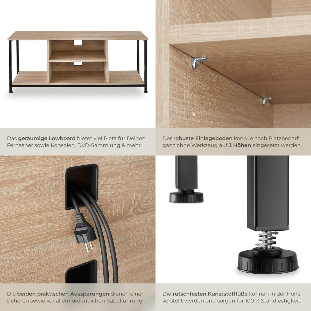 TV-REGAL Denver,120 x 40 x 50,5 cm,Industrial Holz hell, Eiche Sonoma - Naturfarben, Holzwerkstoff (40/50.5/120cm) - tectake