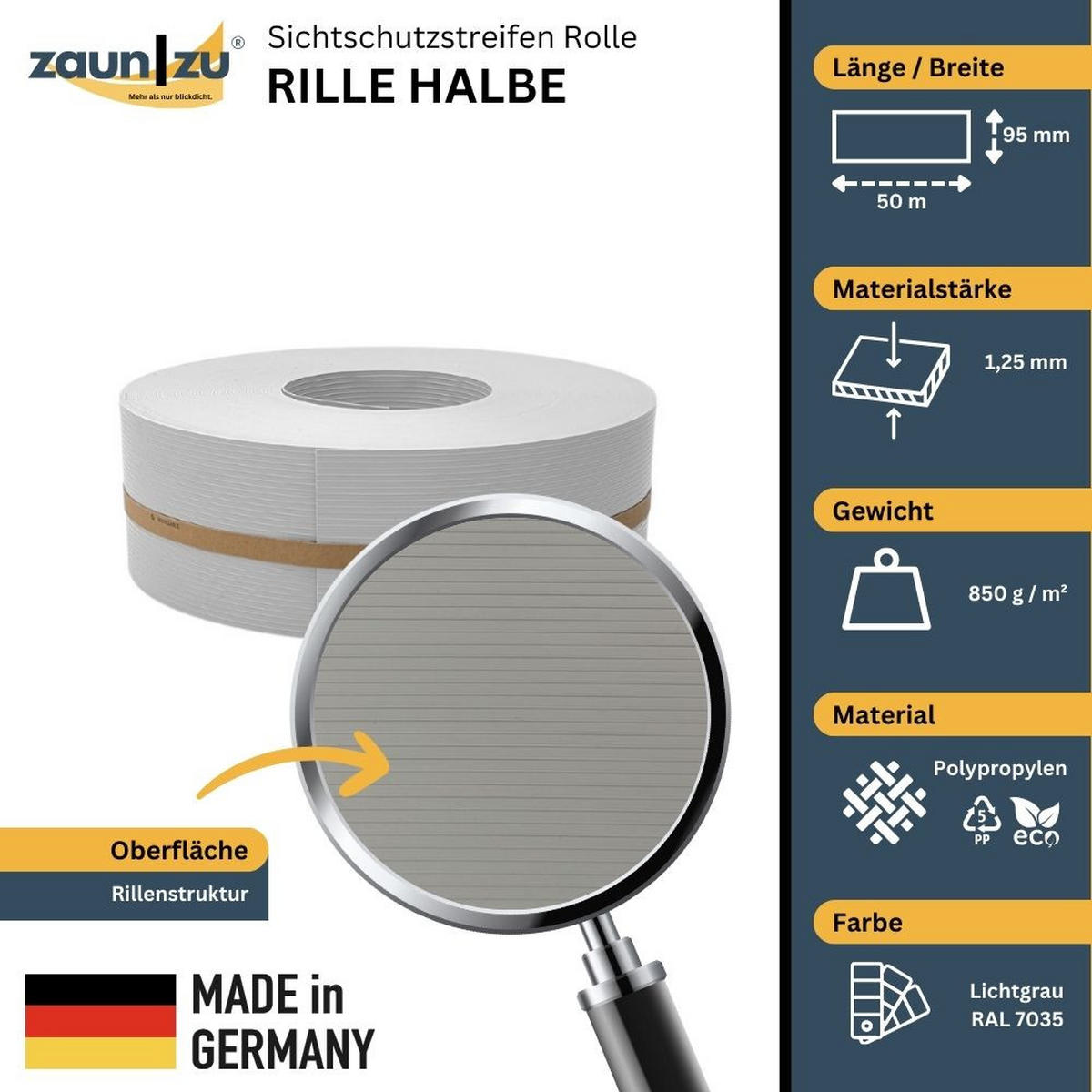 SICHTSCHUTZSTREIFEN Rille Halbe Rolle für Doppelstabmatten Lichtgrau 50m - Hellgrau, Kunststoff (5000/9.5cm) - ZAUN|ZU