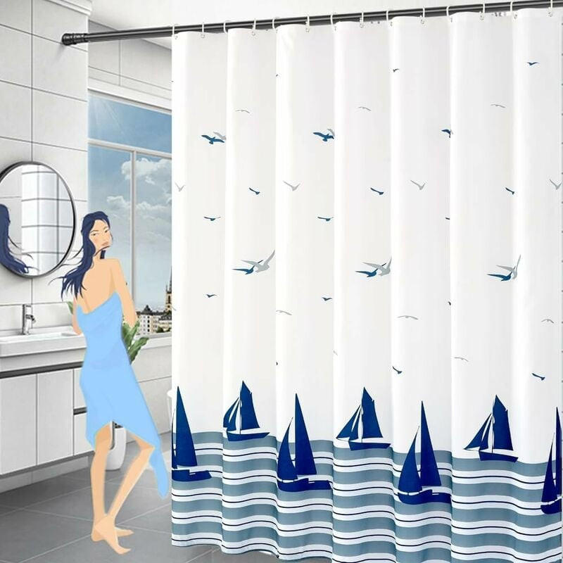 DUSCHVORHANG Ozean Polyester beschwerter Saum schimmelresistent wasserdicht waschbar mit Haken - Weiß, Textil (120/200cm) - MCBOSON