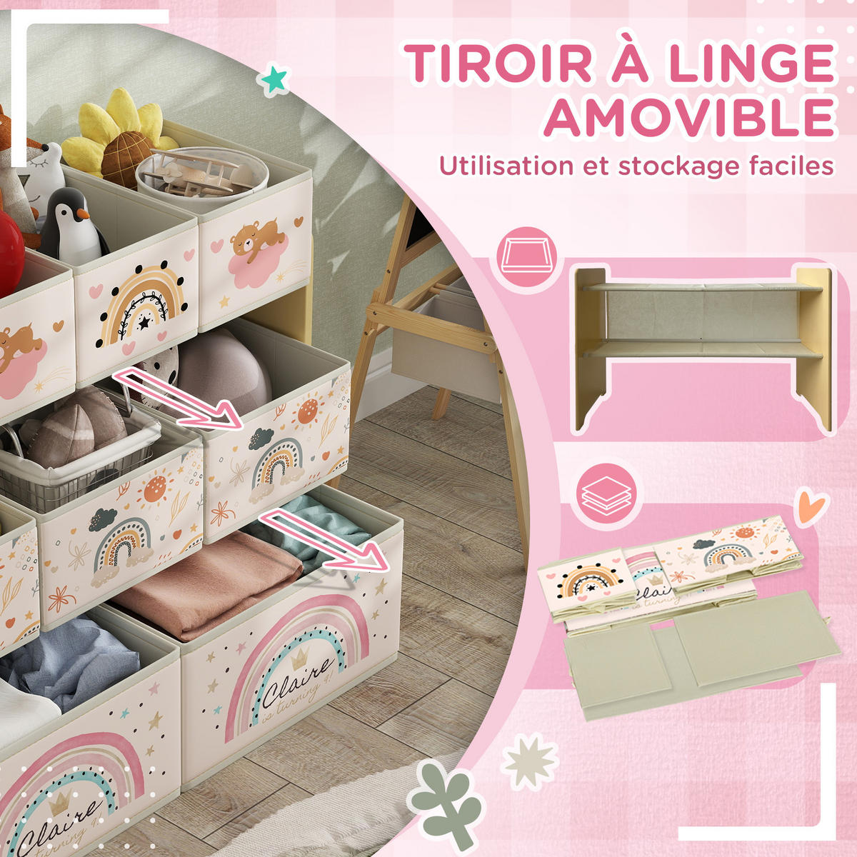 KINDERREGAL DE-17249 3 Ebenen mit 9 Aufbewahrungsboxen Gelb - Gelb, Textil (93/70/30cm) - ComfortXL