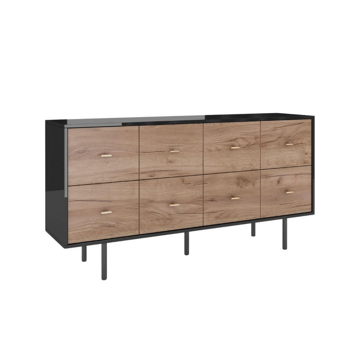 SIDEBOARD Maud, 8 Schublade, Schwarzer Hochglanz + Eiche Dekor, 163 cm - Eichefarben/Schwarz, Holzwerkstoff/Metall (163.6/83.6/40cm) - Skandica