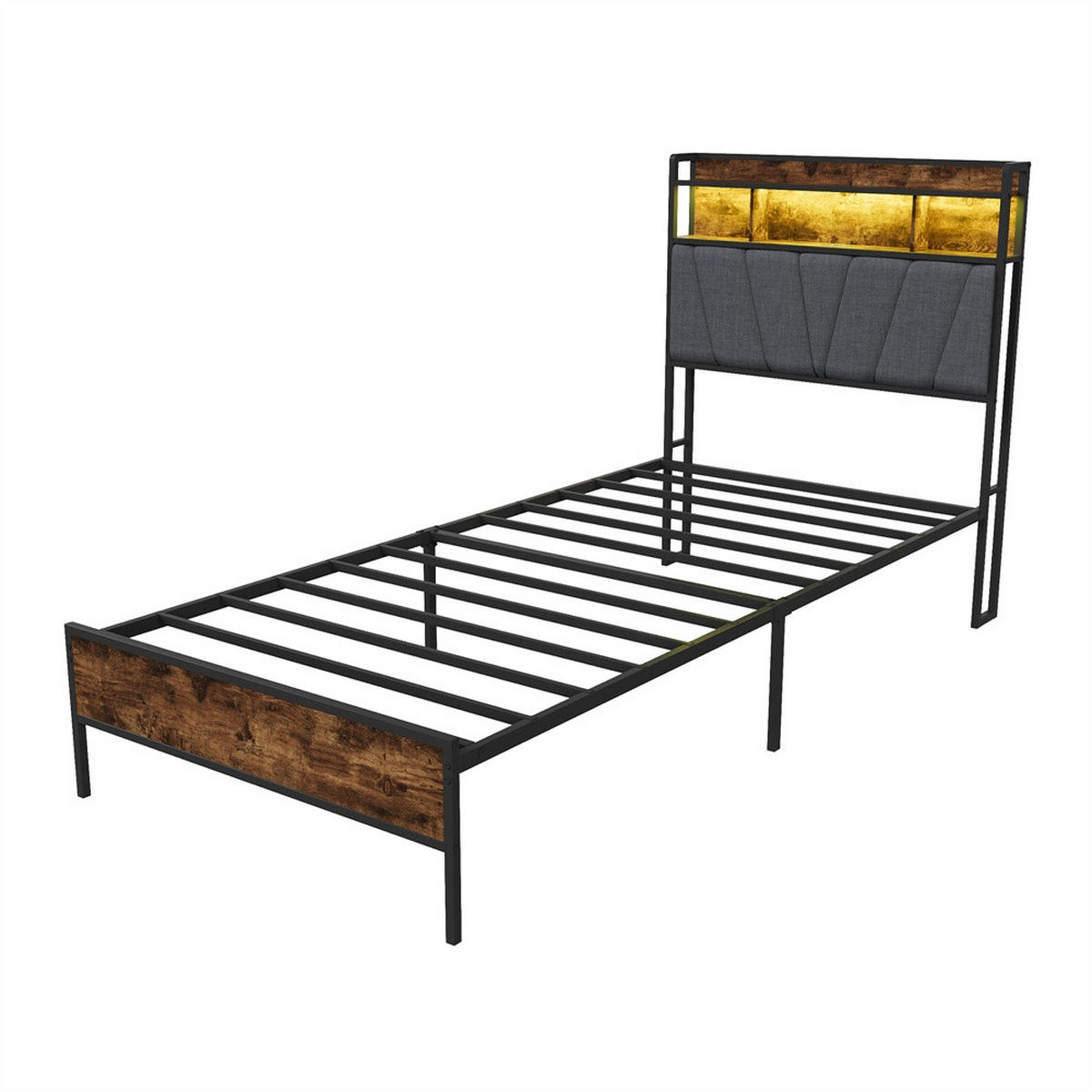 METALLBETT 90x200 cm mit LED Beleuchtung - Kopfteil-Stauraum - USB&USB-C - Schwarz+Grau - ohne Matratze - Schwarz, Metall (90/200cm) - DELFA