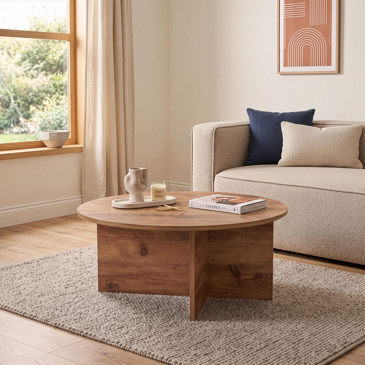 COUCHTISCH mit abgerundeter Platte - soleil 90/90/40 cm - Kieferfarben, Holzwerkstoff (95/90/40cm) - Calicosy
