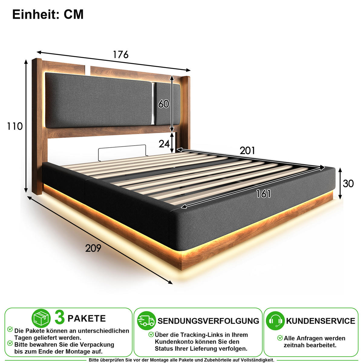 ČALOUNĚNÁ POSTEL 160/200 cm v šedé a ořechové barvě s LED a úložným prostorem - šedá, kov/kompozitní dřevo (160/200cm) - CHICFURN