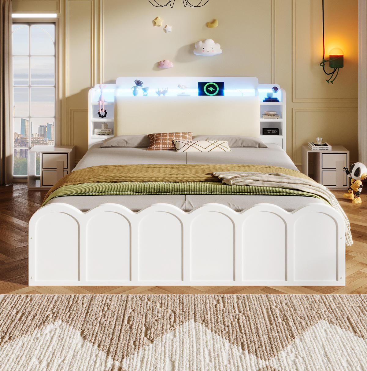 POLSTERBETT 140/200 cm Weiß mit Stauraum, LED-Beleuchtung und USB- und Type-C-Anschlüssen - Weiß, Holzwerkstoff (140/200cm) - Flora Grace