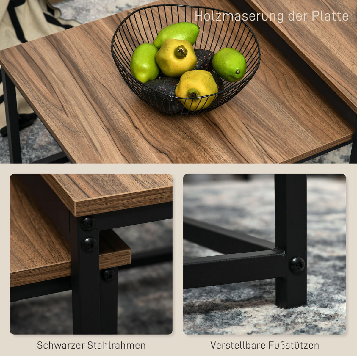 COUCHTISCH 60/60/45 cm und 54/54/38 cm mit Nesting-Funktion und verstellbaren Füßen, Naturholz/Schwarz - Naturfarben, Holzwerkstoff (60/60/45cm) - Redom