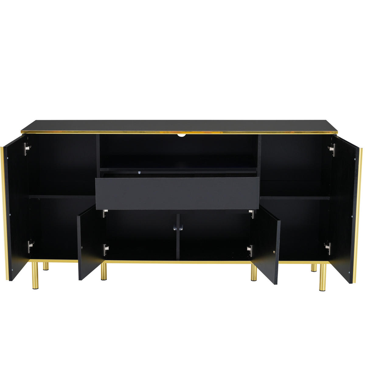 SIDEBOARD in Hochglanz Schwarz mit goldenen Akzenten, 4 Türen, 1 Schublade und LED-Beleuchtung, 150/40/80 cm, Schwarz - Schwarz, Holzwerkstoff (150/80/40cm) - Redom