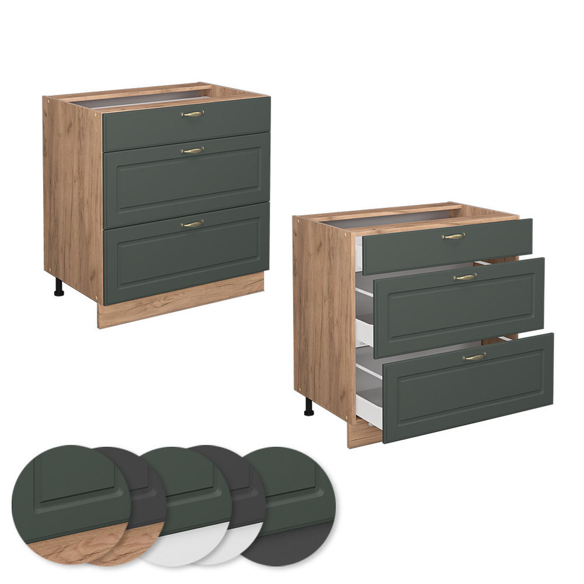 KÜCHENUNTERSCHRANK Fame-Line Grün-Gold Landhaus 80 cm mit 3 Schubladen AP Marmor - Eiche Wotan/Grün, Holzwerkstoff (80/82/60cm) - Vicco