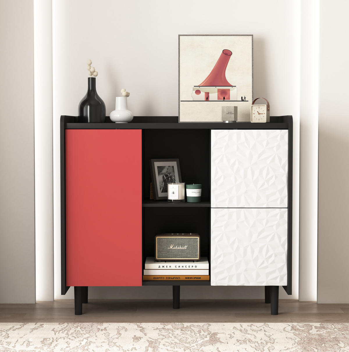 SIDEBOARD 90/40/80 cm schwarz-rot aus MDF mit 2 Schubladen und offenen Fächern - Schwarz, Holzwerkstoff (90/80/40cm) - OKWISH