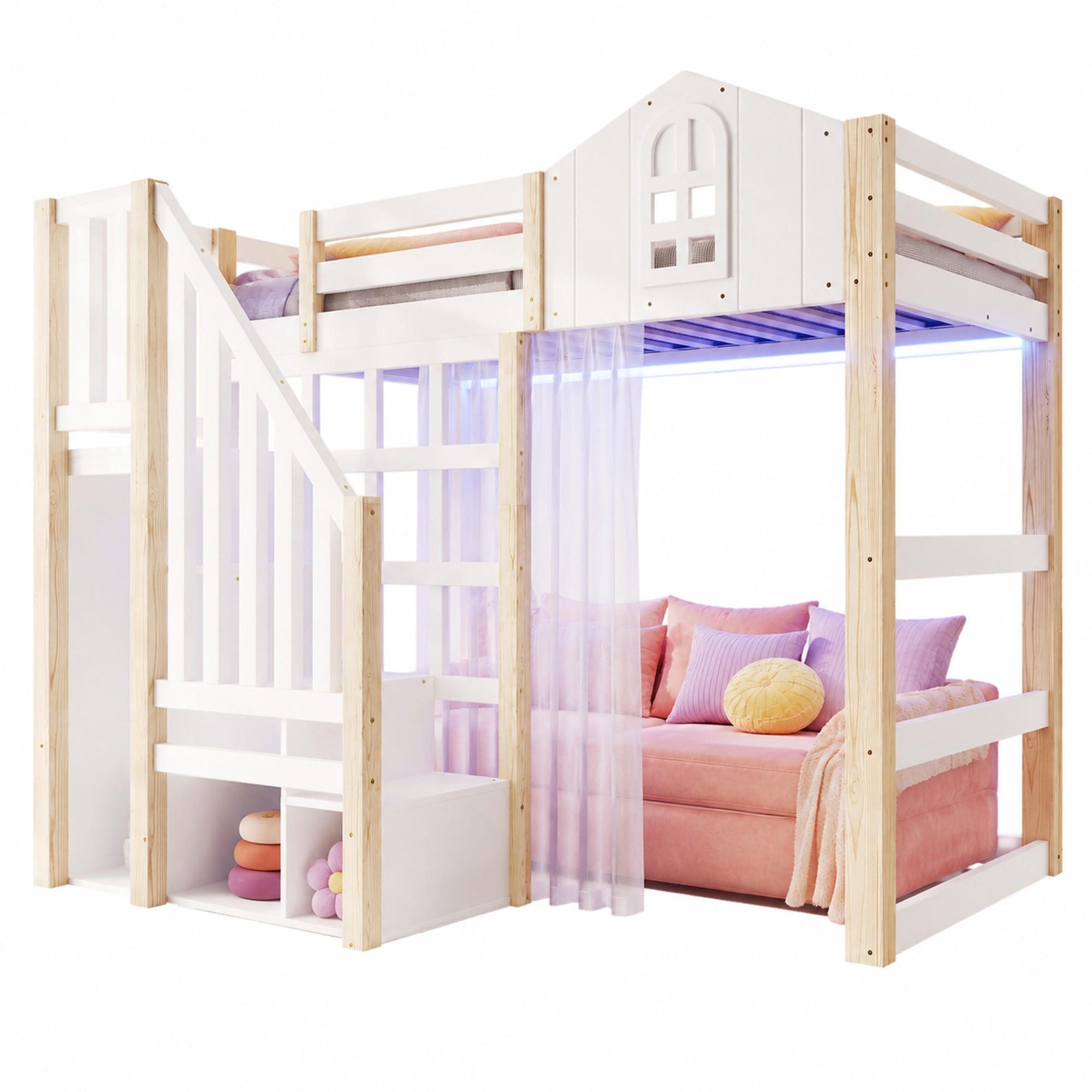 HOCHBETT 90/200 mit LED, Stauraumleiter und offenem Staufach in Weiß und Natur - Weiß/Naturfarben, Holz/Holzwerkstoff (90/200cm) - EVRYAE