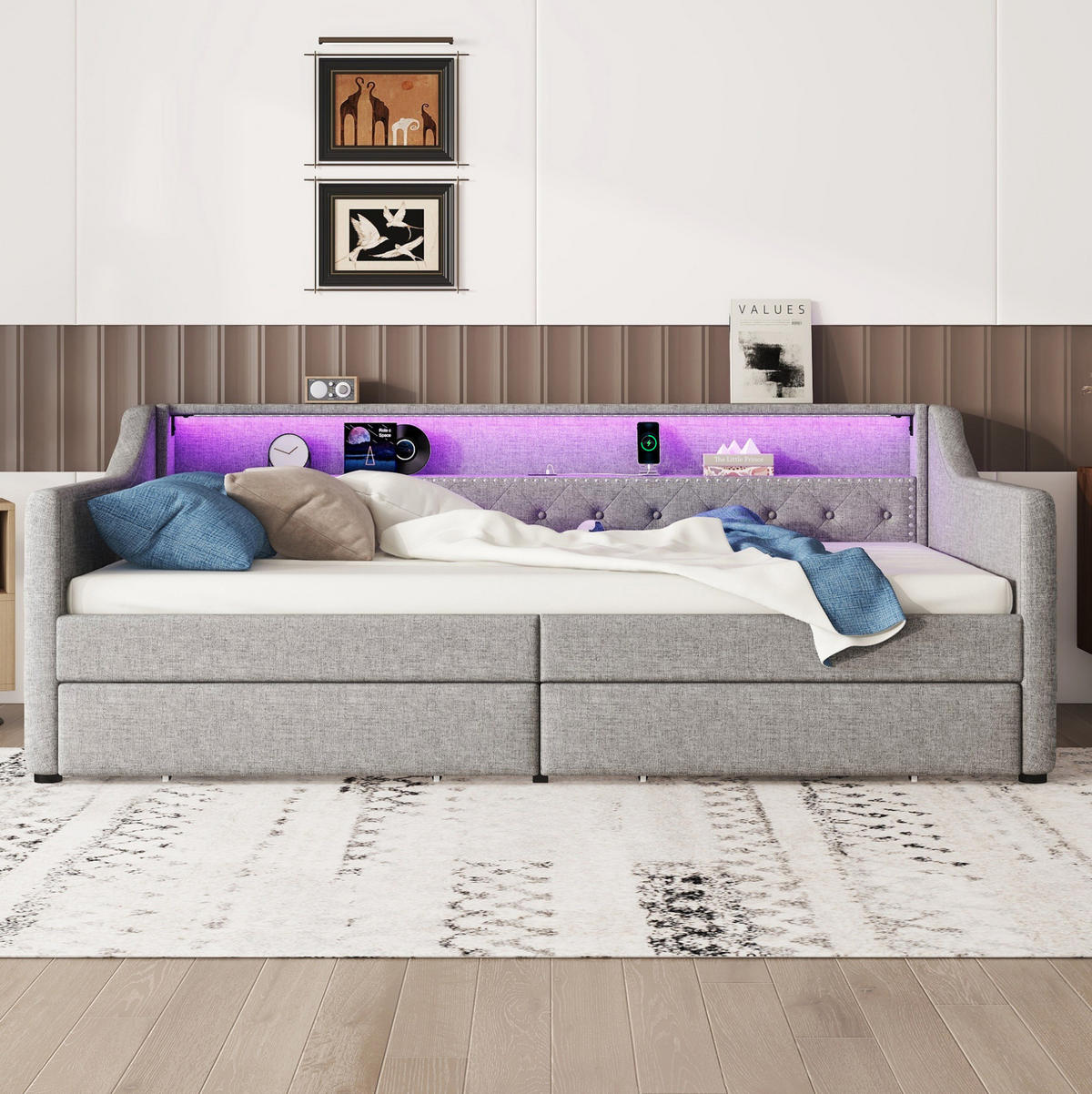 BETT 90/200 cm Grau mit 2 Schubladen, USB-Anschluss und LED-Beleuchtung - Grau, Textil (90/200cm) - Flora Grace