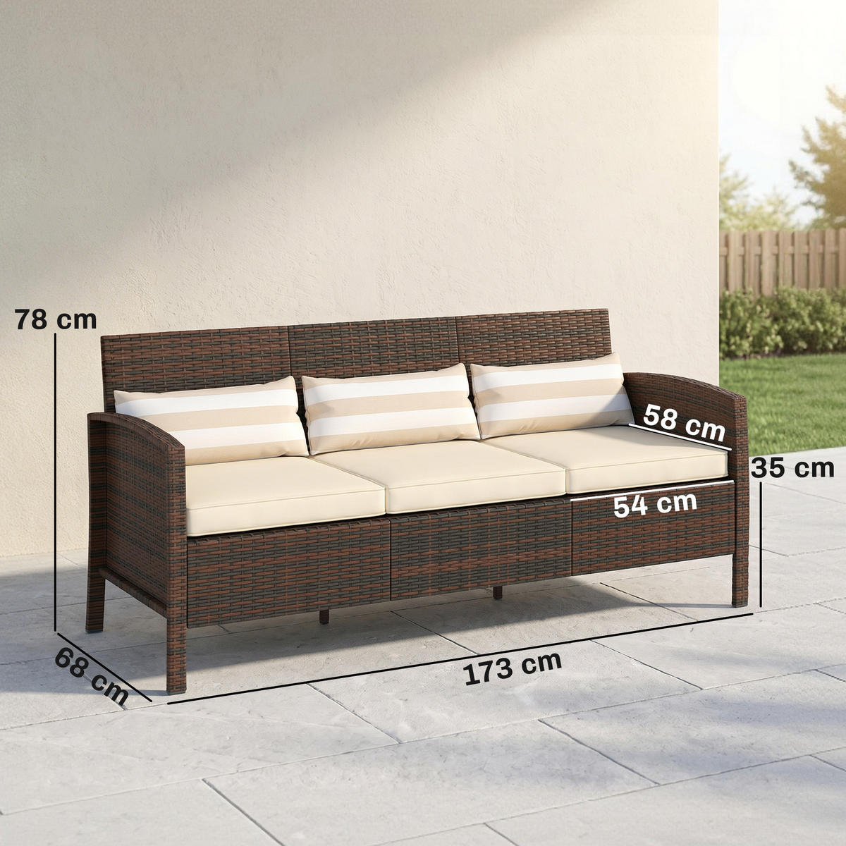 RATTAN Sofa mit Kissen, Dreisitzer, Garten Loungesofa, Stahl, Braun - Braun, Metall (68/78/173cm) - Outsunny