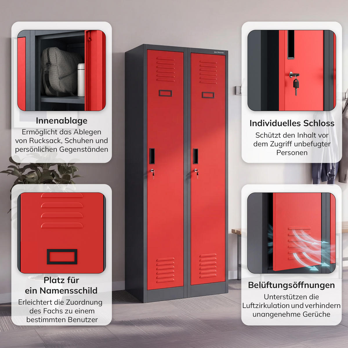 ZWEIFACH-PERSONALSCHRANK KACPER II 180x60x50 cm - Anthrazit/Rot, Metall (60/180/50cm) - Jan Nowak