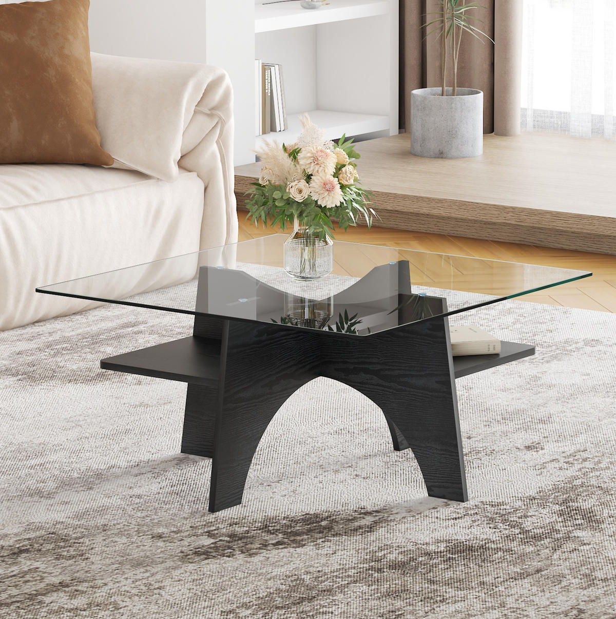 COUCHTISCH 80/80/40 cm Schwarz mit Sicherheitsglasplatte und Ablagefach aus MDF - Schwarz, Holzwerkstoff (80/80/40cm) - OKWISH