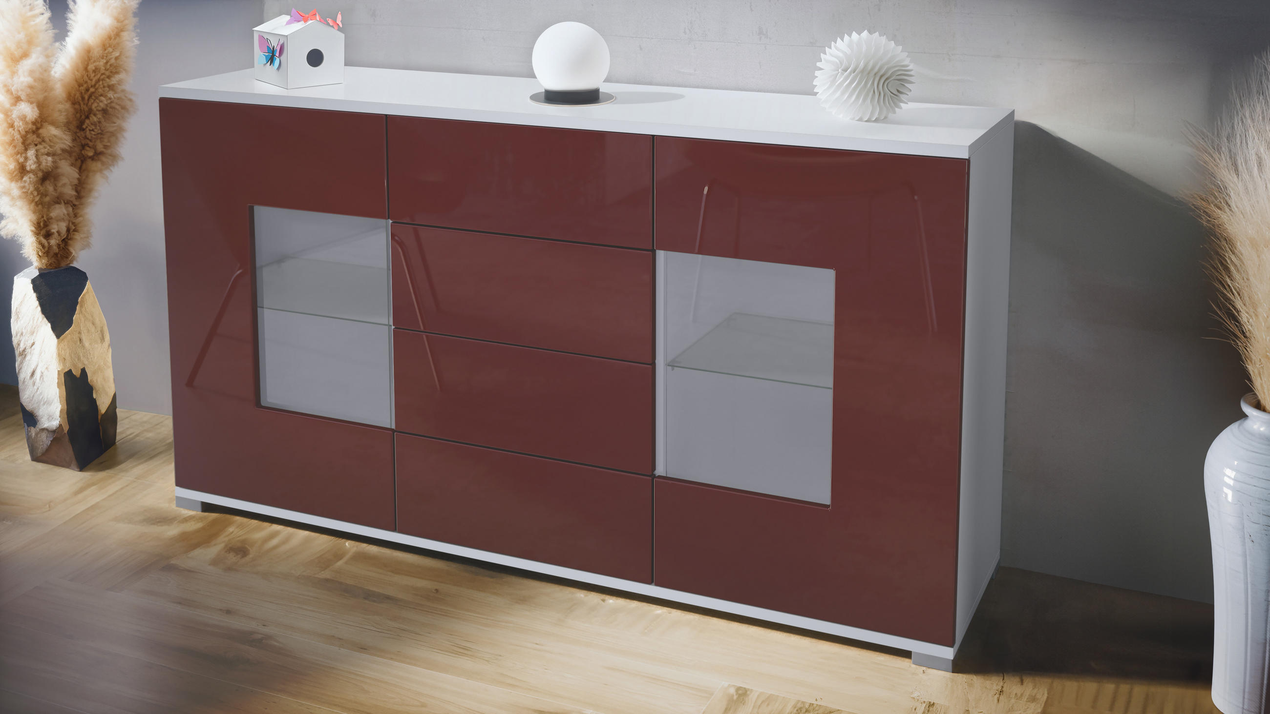 SIDEBOARD Grömitz Bordeaux Hochglanz - Bordeaux, Holzwerkstoff (138.5/75.5/35cm) - Vladon