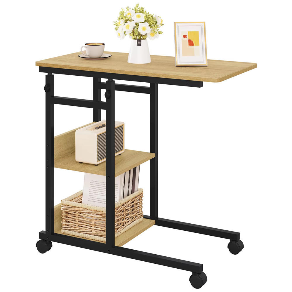 BEISTELLTISCH C-Form höhenverstellbar mit Rollen Light Oak Sofa Tisch - Hellbraun, Metall (40/80/96cm) - Kaket