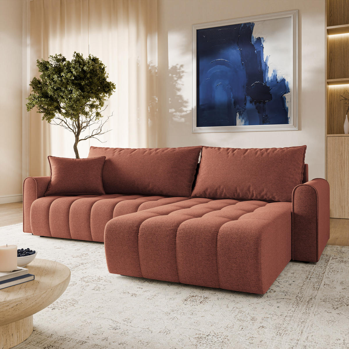 ECKSOFA FRIGA Orange Strukturstoff mit Schlaffunktion - Terracotta, Holz (283/185cm) - MASSENO