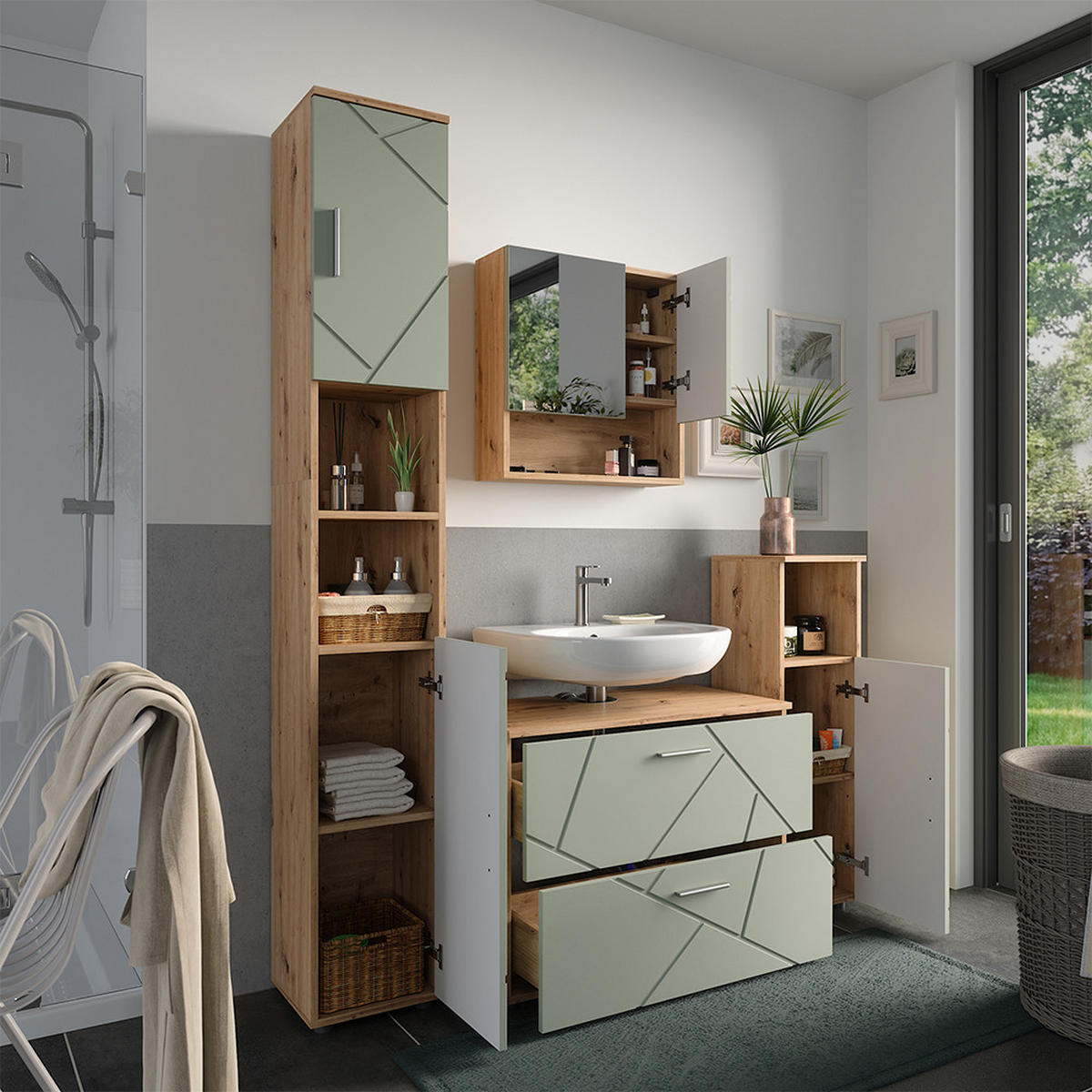 BADMÖBEL-SET Irma Salbeigrün 4 Teile - Salbeigrün, Holzwerkstoff (80/58.6/41cm) - Vicco