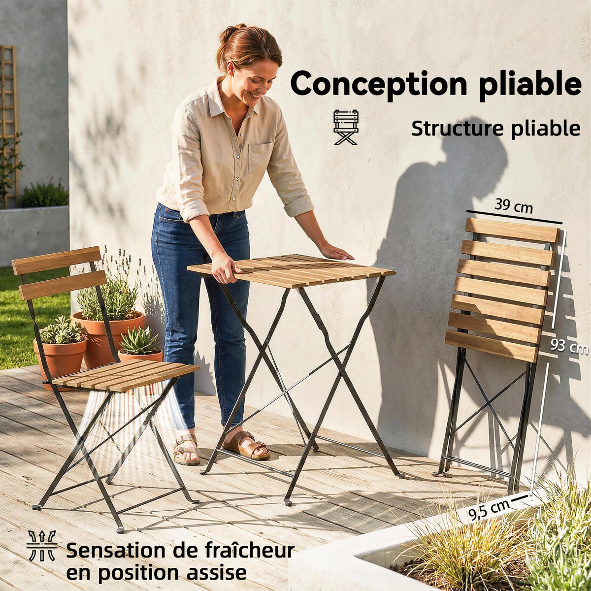 BALKONSET 3-teilig DE-14228 klappbar, Akazienholz Natur - Naturfarben, Metall - ComfortXL