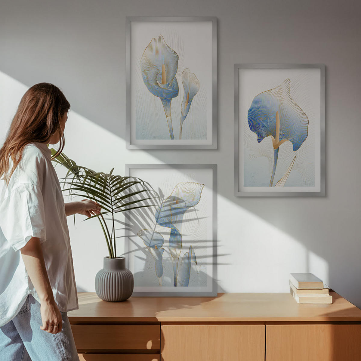 WANDBILDER 3er Set - 40x60 cm Silberner Rahmen - Blaue Blumen im Hintergrund - Silberfarben, Kunststoff (40/60cm) - ArtPrintCave