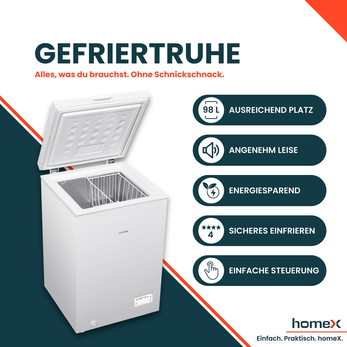 GEFRIERTRUHE, klein - 98L Nutzinhalt, 4-Sterne Gefrieren, Super-Frost-Funktion, LED-Display, inkl. Ablagekorb - Weiß, Kunststoff/Metall (54.5/84.5/54.5cm) - homeX