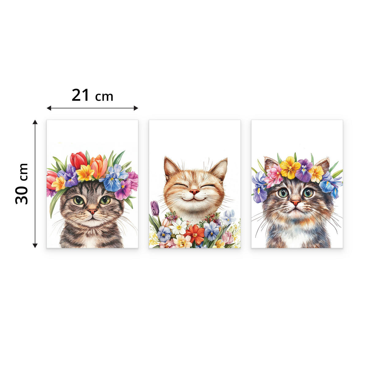 POSTER SET für Kinderzimmer KATZEN Blumen Tiere Pflanzen 3x Poster A4 21x30cm - Beige/Rot, Papier (21/30/1cm) - Muralo