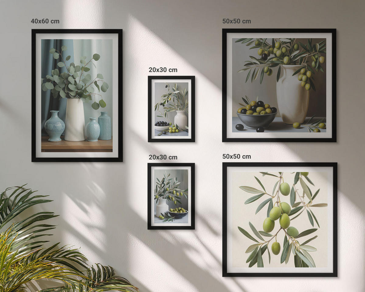 BILDER SET 5er Set - 50x50 cm & 20x30 cm & 40x60 cm Schwarzer Rahmen - Oliven in Vasen in gedeckten Farben - Schwarz, Kunststoff (40/60cm) - TULUP