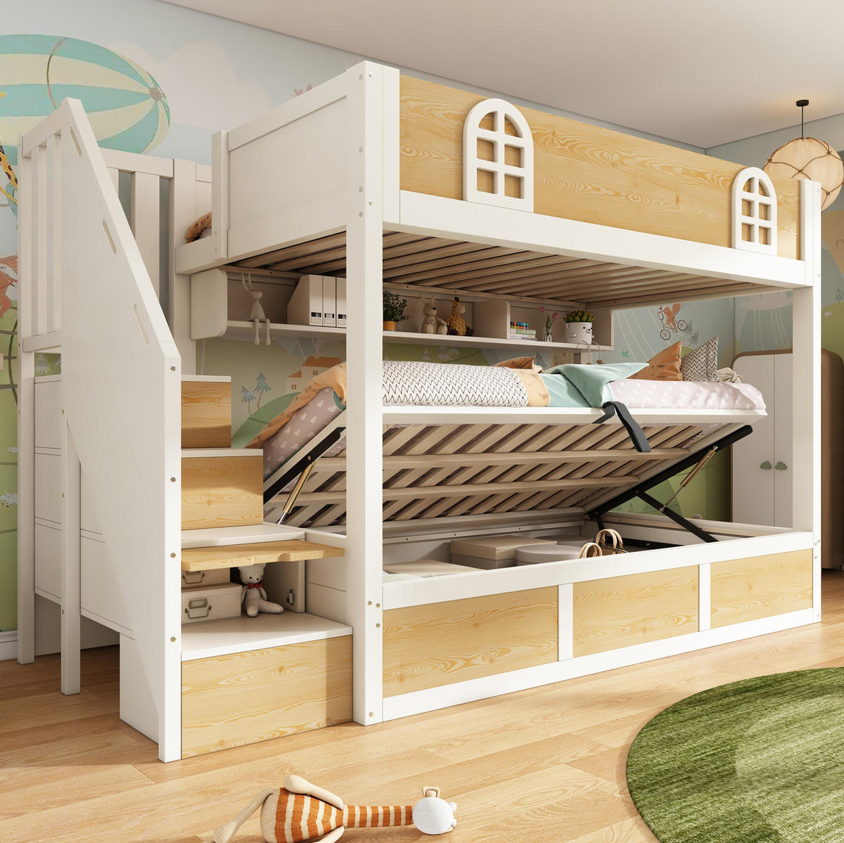 ETAGENBETT 90/200 cm Weiß/Natur mit Treppenschrank und Stauraum - Naturfarben, Holzwerkstoff (90/200cm) - Flora Grace