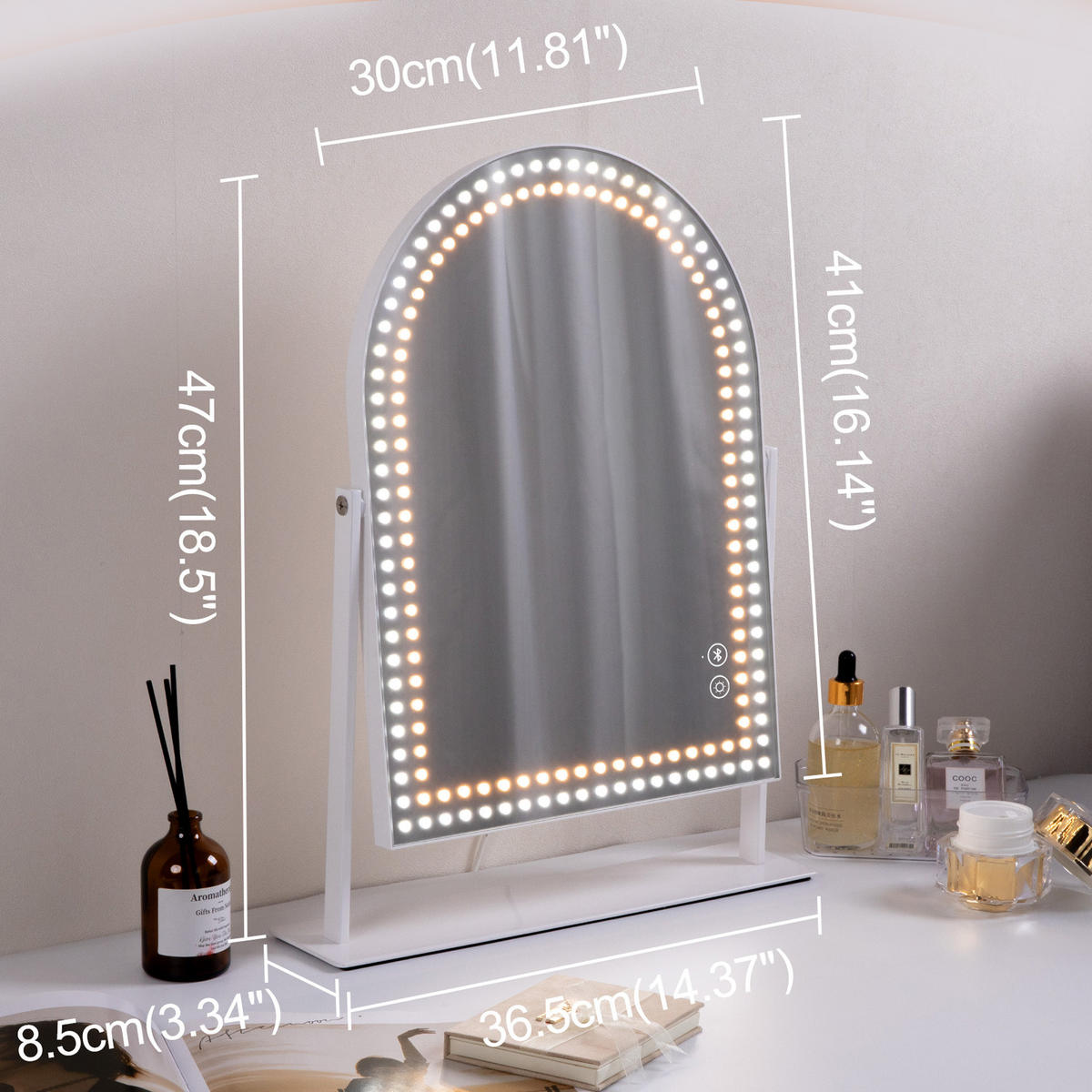 SCHMINKTISCH mit 6 Schubladen 92/55/81 CM und LED Beleuchtung Schminkspiegel 58 x 46 CM - Weiß, Holz (55/81/92cm) - VANITII