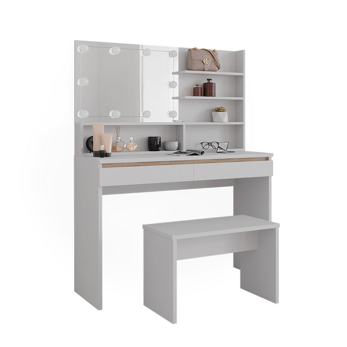 SCHMINKTISCH Emma Weiß 120 cm mit Spiegelregal, Bank & LED-Beleuchtung - Weiß, Holzwerkstoff (120/83/41.8cm) - Vicco