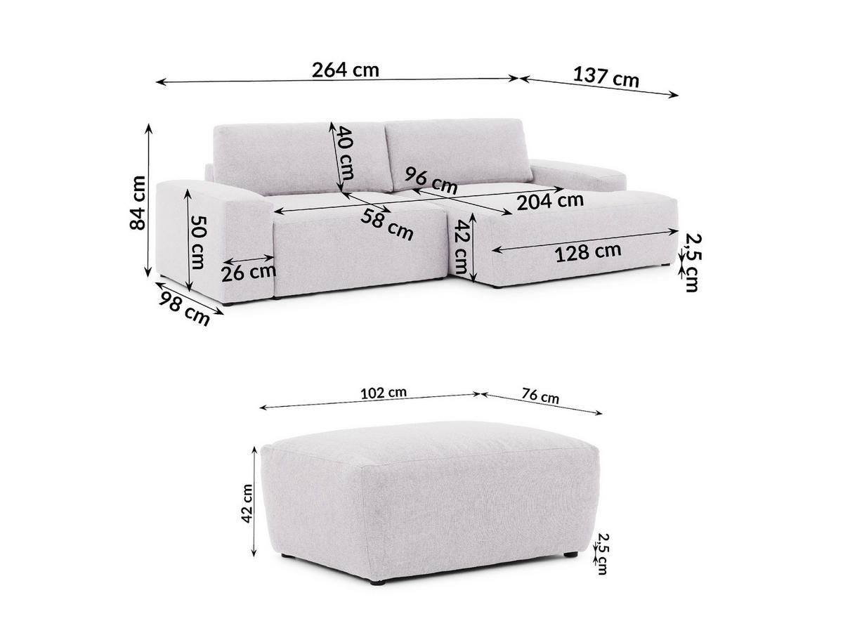 ECKSOFA inkl. Hocker Lennon aus Greige Strukturstoff mit Schlaffunktion und Bettkasten - Greige/Schwarz, Holz/Kunststoff (264/137cm) - S-Style