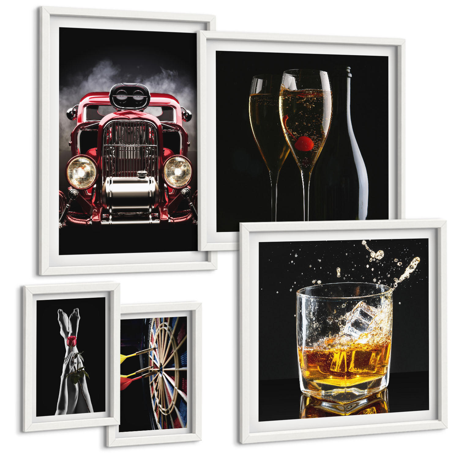 BILDER SET 5er Set - 50x50 cm & 20x30 cm & 40x60 cm Weißer Rahmen - Frauenbeine Rosenwagen Wein - Weiß, Kunststoff (40/60cm) - TULUP