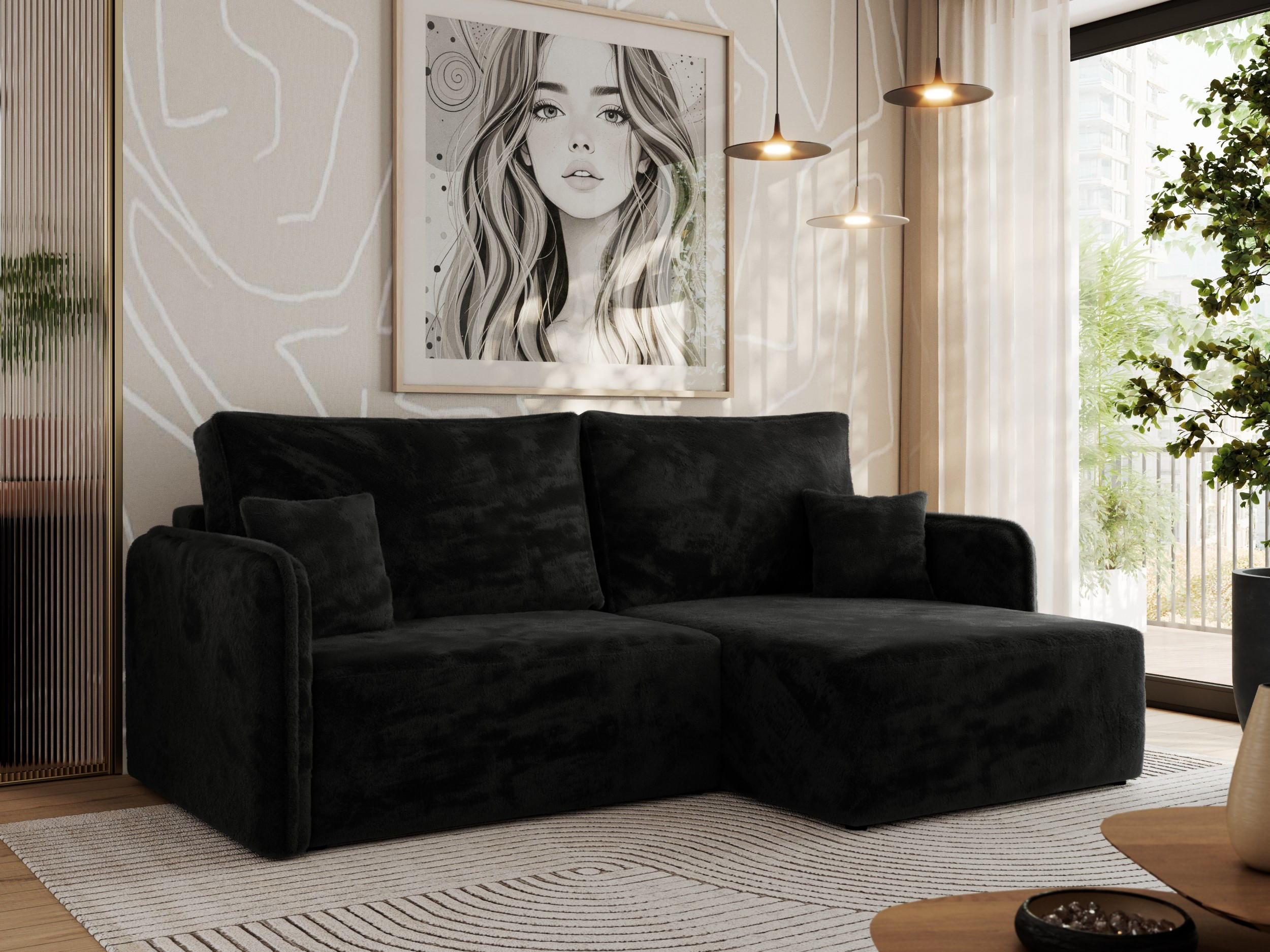ECKSCHLAFSOFA MESTO L Schwarz Plüsch - rechts - Schwarz, Kunststoff/Textil (147/227cm) - MKS