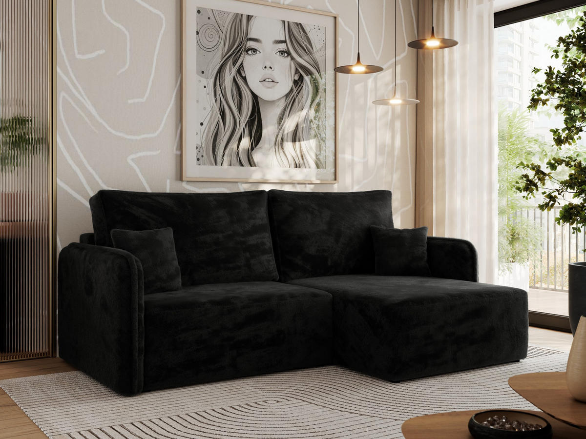 ECKSCHLAFSOFA MESTO L Schwarz Plüsch - rechts - Schwarz, Kunststoff/Textil (147/227cm) - MKS
