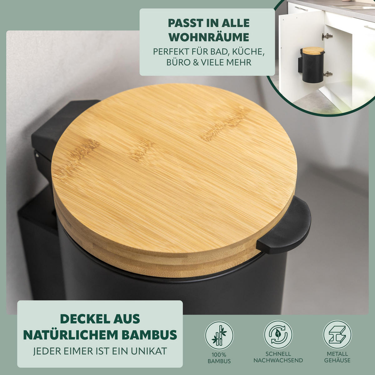 WAND-KOSMETIKEIMER 3 L, rund, schwarz - Schwarz, Metall (17/25/23cm) - bremermann