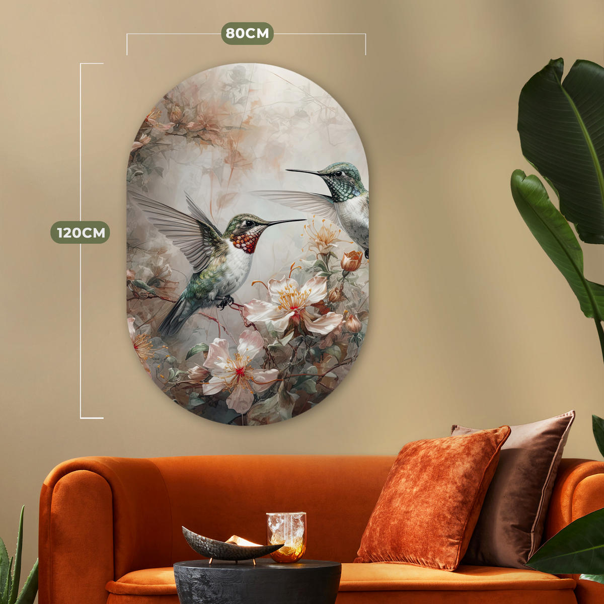 WANDBILD Kolibri - Vögel - Blumen - Pflanzen 80x120 cm - Hellgrün, Kunststoff (80/120cm) - MuchoWow
