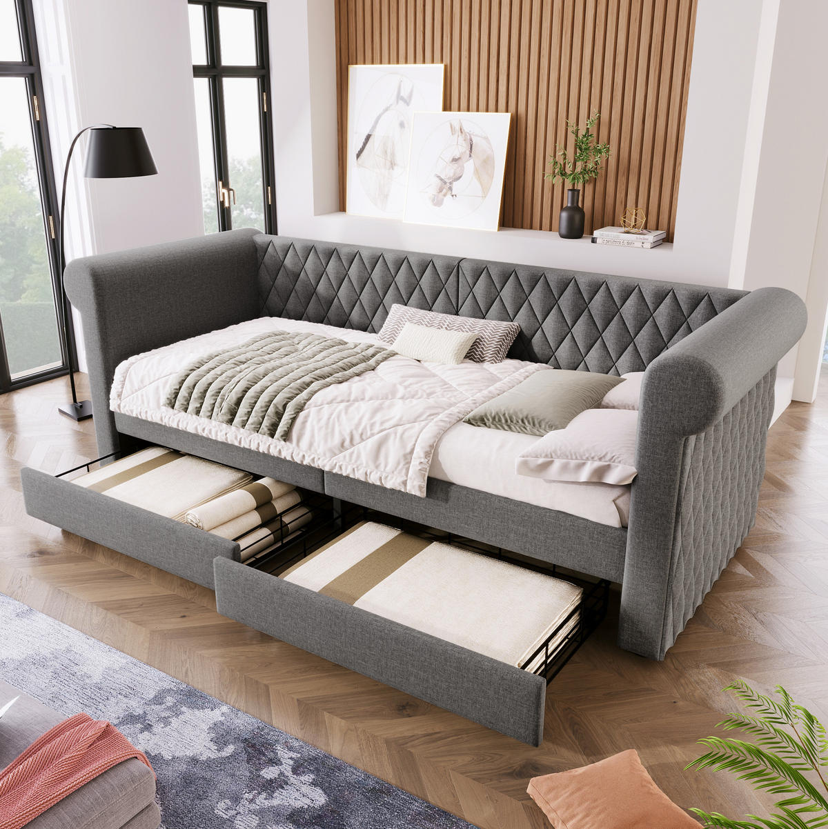 BETT mit Kopfteil 90/200 cm in Grau – mit 2 Schubladen und inkl. Lattenrost - Grau, Textil (90/200cm) - BEAOK