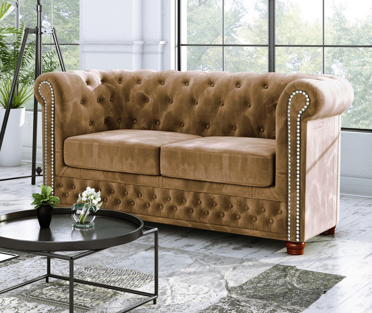CHESTERFIELD-SOFA 2-sitzer Lauren Beige Samt - Beige/Braun, Holz/Textil (148/72/86cm) - S-Style Möbel