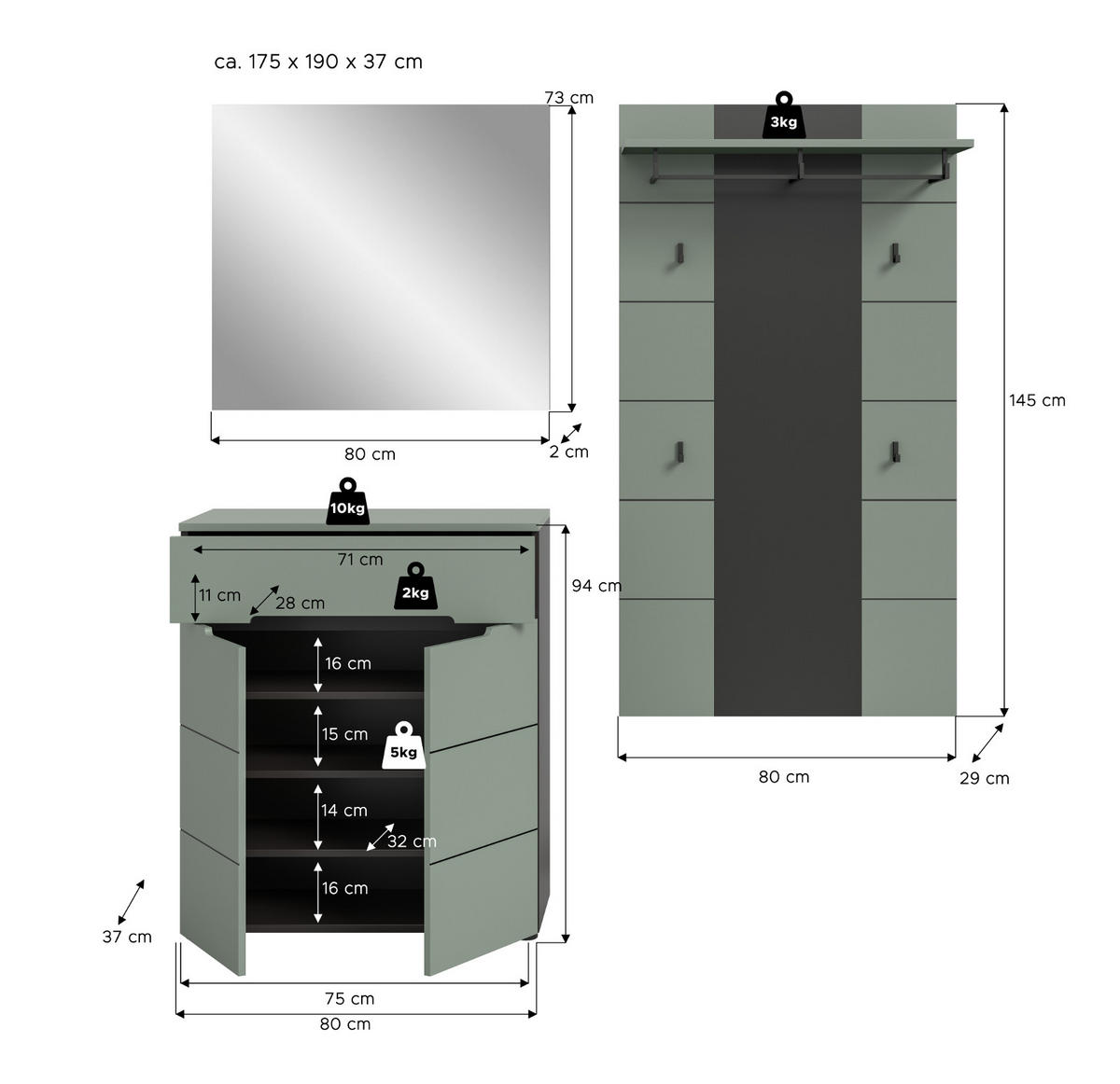 GARDEROBEN-SET 3-teilig Salbei grün, grau 175 cm, Flurschränke mit Soft-Close-Funktion - Salbeigrün/Schwarz, Holzwerkstoff/Kunststoff (175/190/37cm) - Inn.Furn