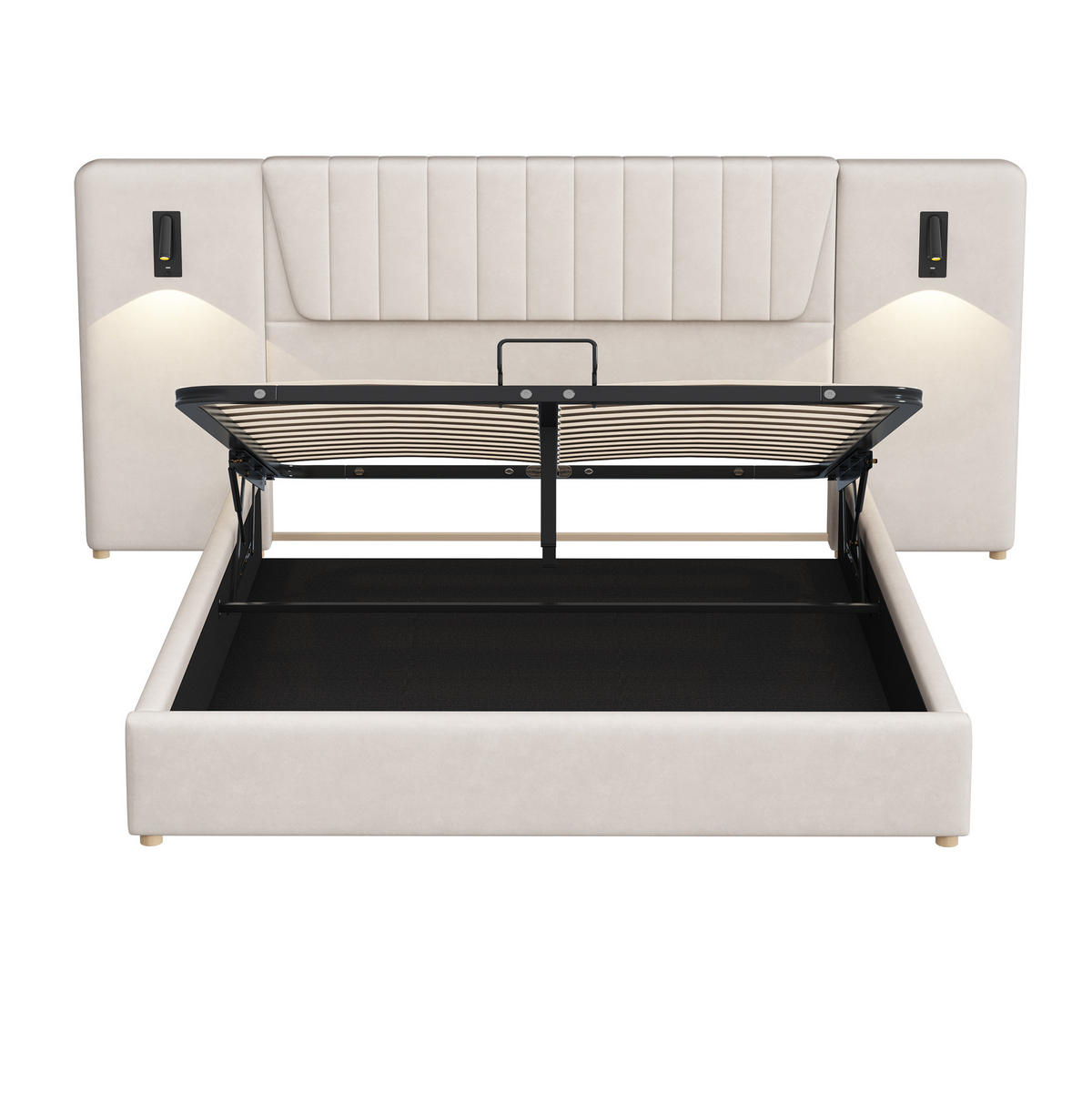POLSTERBETT 180x200 cm in Beige mit hydraulischem Stauraum, Leselampen und USB-Anschlüssen - Beige, Textil (180/200cm) - IVMEU