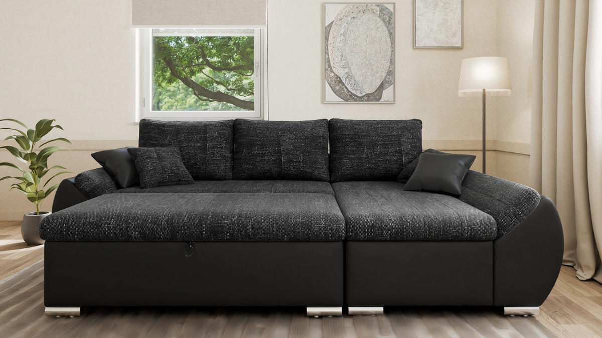 ECKSCHLAFSOFA ALEX – Schwarz (Lawa 06 + Soft 11) + Hocker - Rechts - Schwarz, Holzwerkstoff/Metall (275/155cm) - Möblo