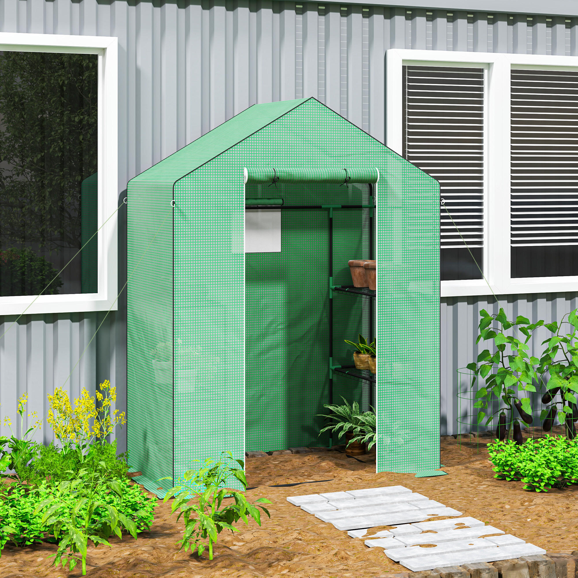 GEWÄCHSHAUS, 143L x 74B x 190H cm - Grün, Kunststoff/Metall (74/190/143cm) - Outsunny